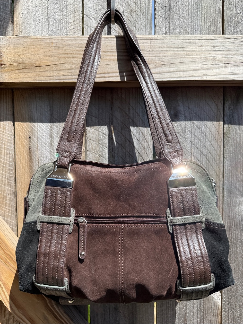 Tignanello Colorblock Brown Suede Boho Purse - Picture 2 of 7